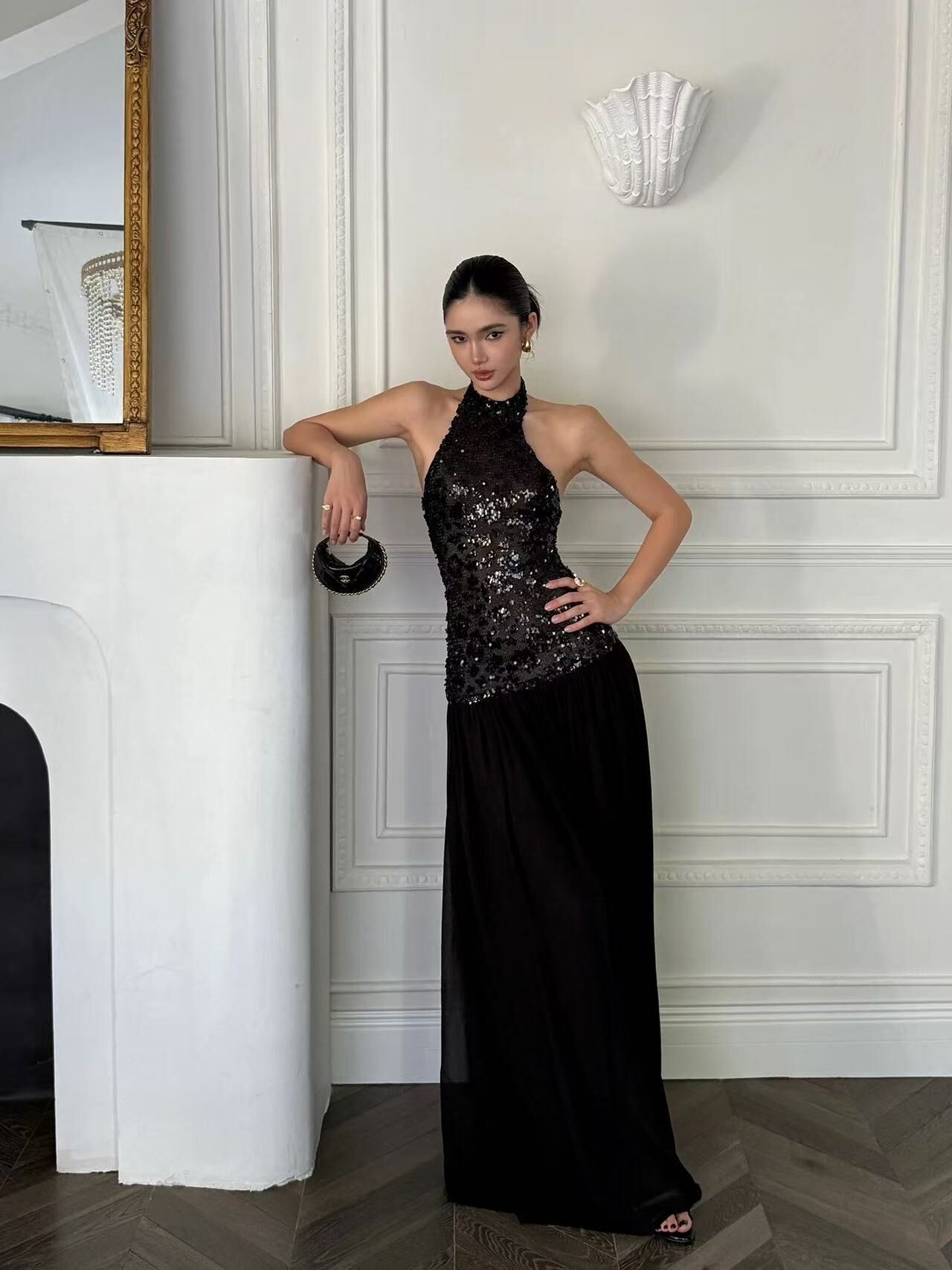 暗夜天使 豹紋亮片長禮服