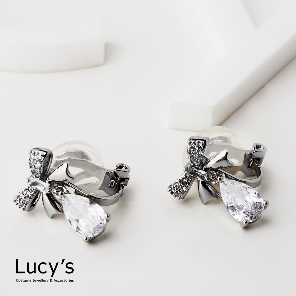 晶滴蝴蝶結 夾式耳環 (二色) (126786/126787)