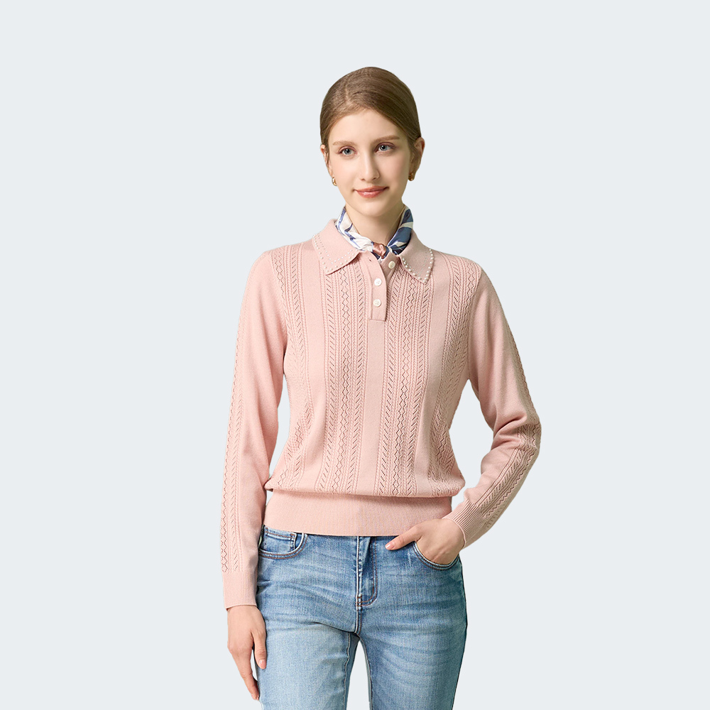 細緻直紋珍珠領針織上衣