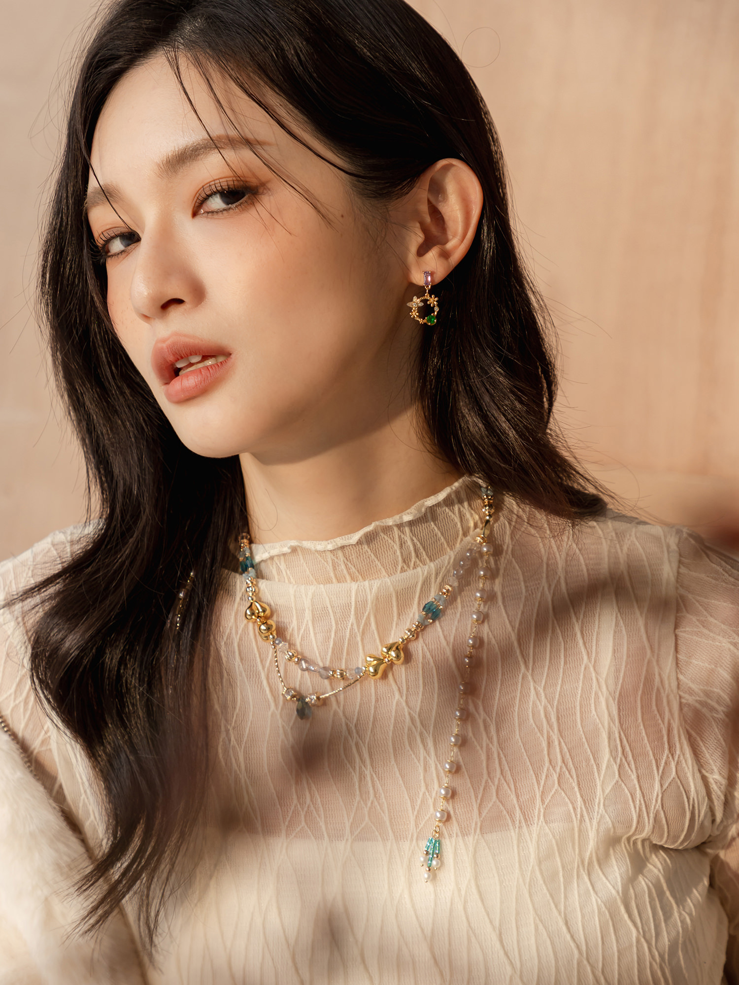 慢歌。MUCHAT手作14+18KGP鋯石貝殼花圈純銀針耳環