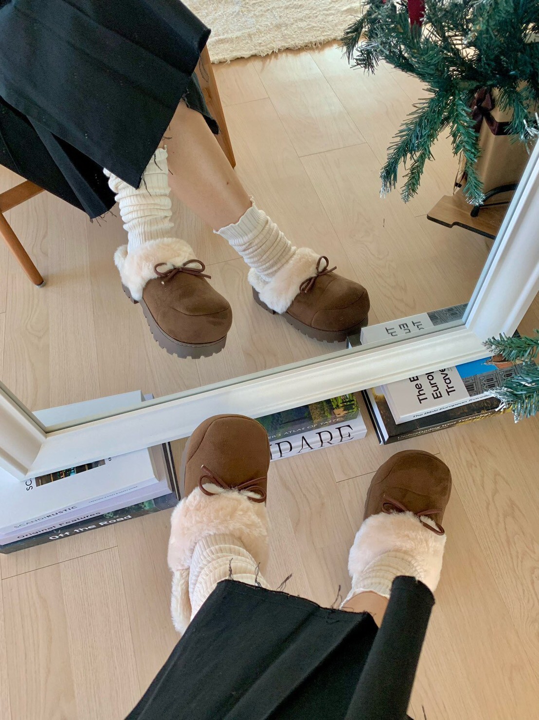 1201方頭蝴蝶結毛毛半拖靴