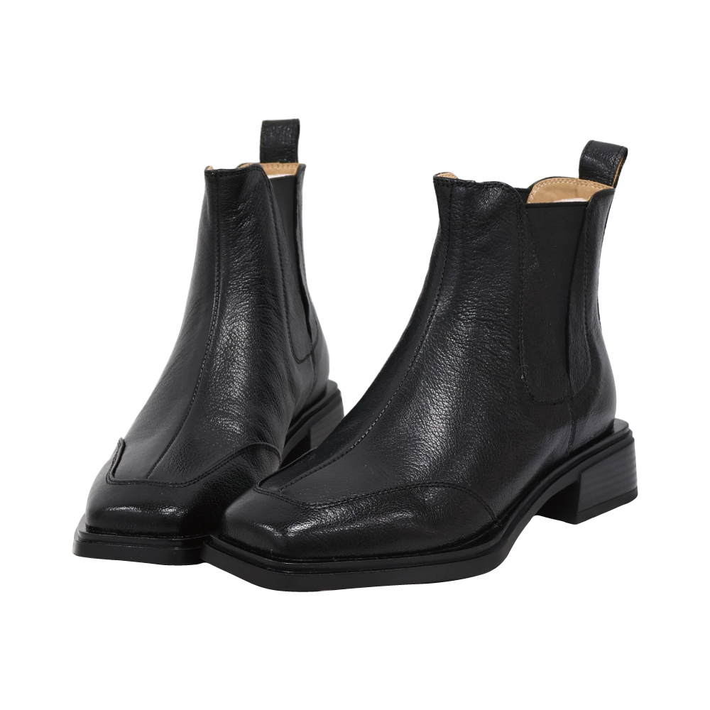 現貨 黑35 棕37 方頭車線低跟短靴 -2色