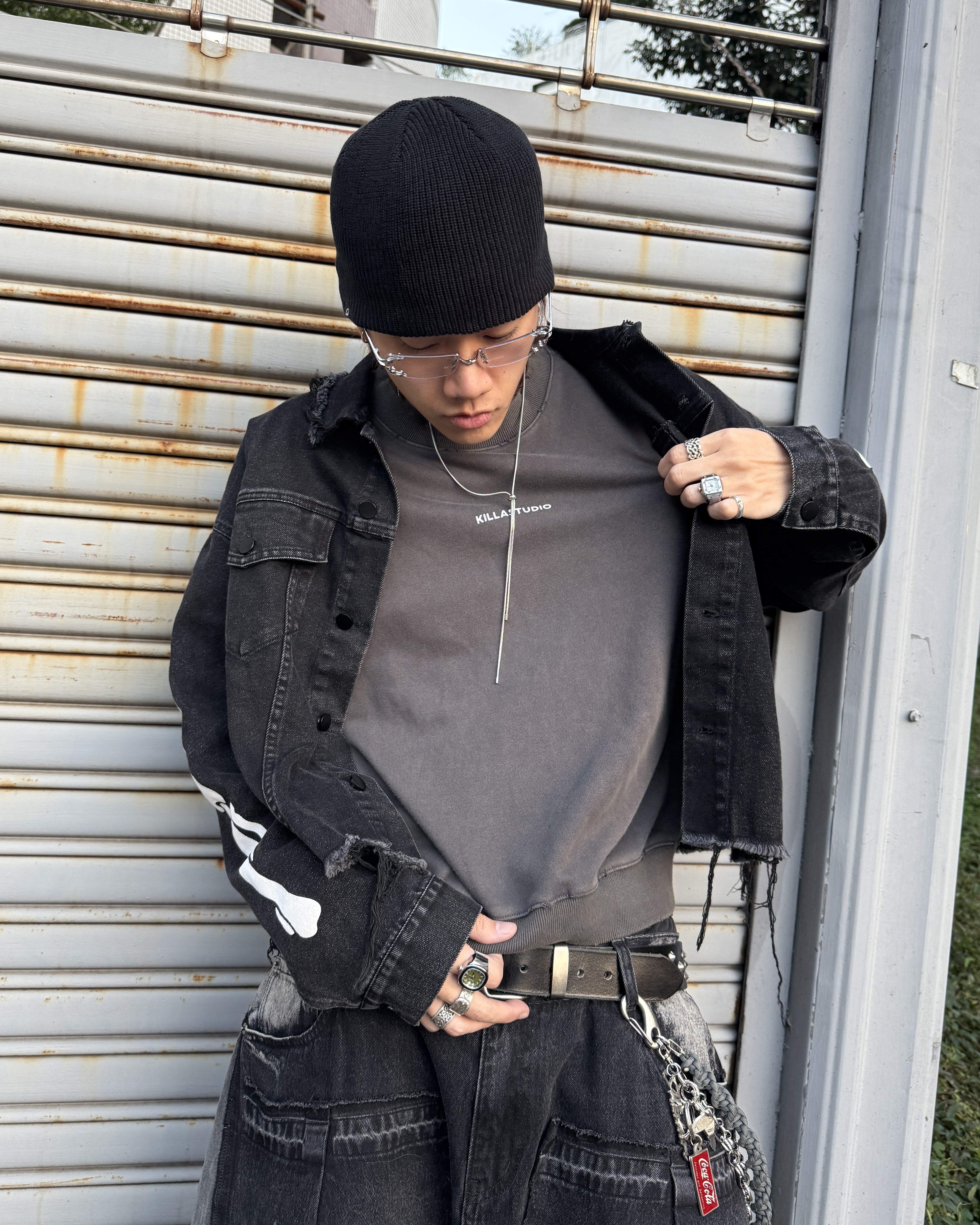 KILLASYSTEM 25F/W DAILY WASH CROPPED CREWNECK 炭灰色 短寬 水洗 大學TEE