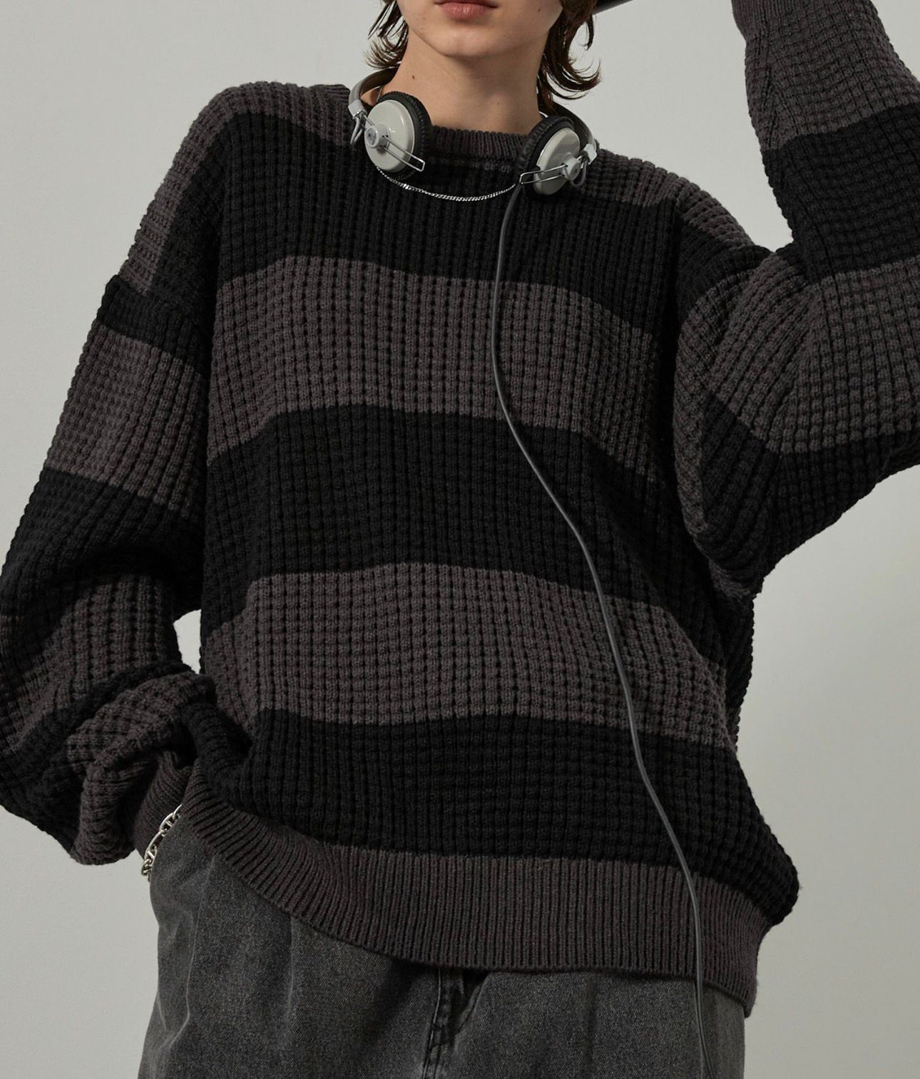 【預購】JN012111 Alfred Alex 寬版華夫格條紋針織上衣