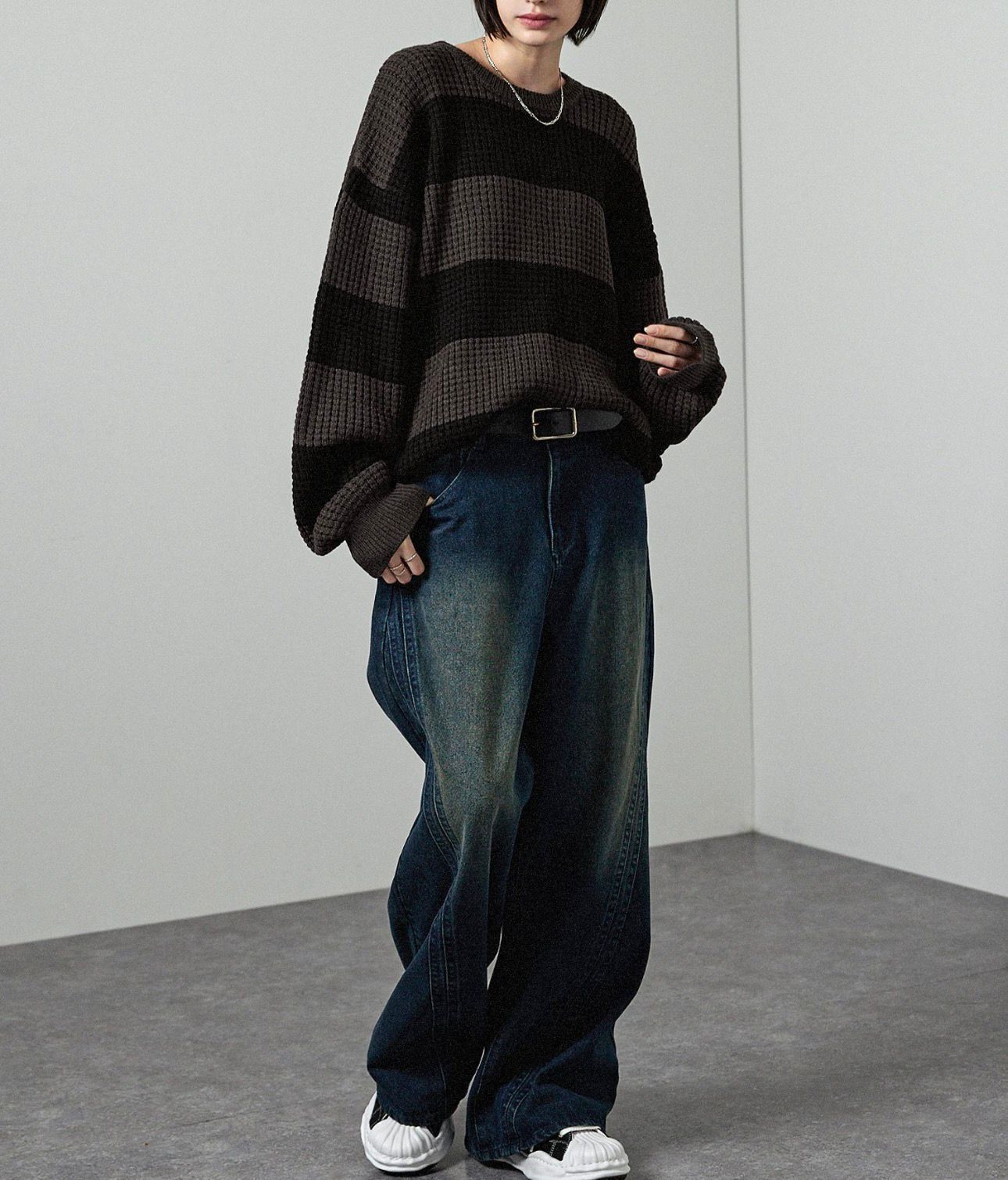 【預購】JN012111 Alfred Alex 寬版華夫格條紋針織上衣