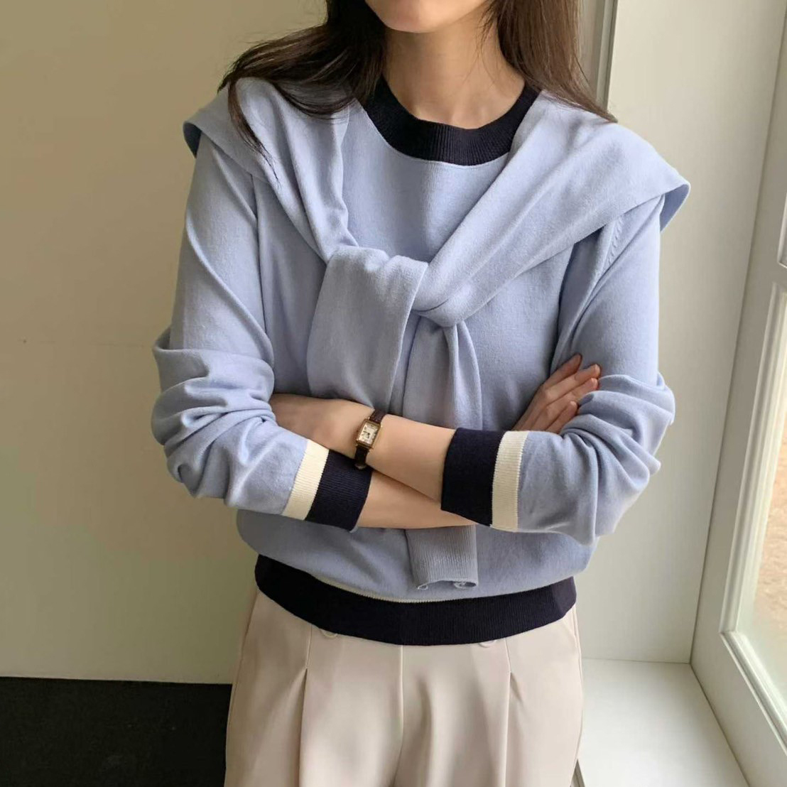 配色滾邊造型圓領上衣+同色系披肩SET / 3色