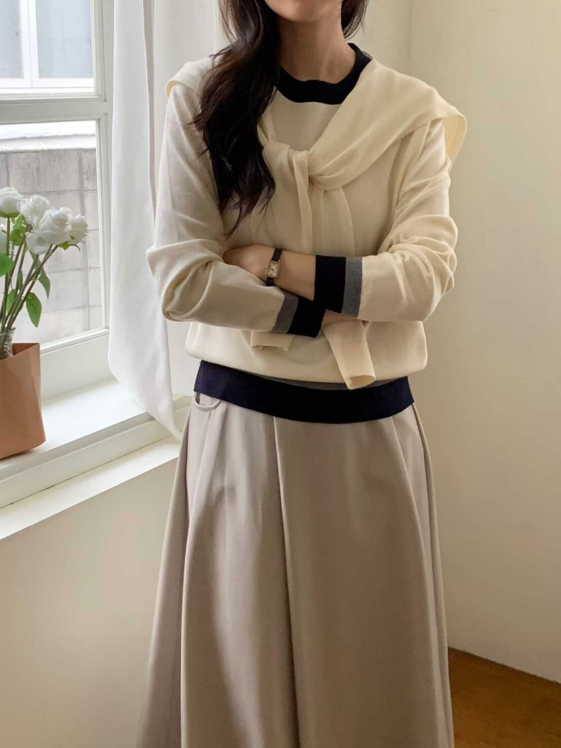 配色滾邊造型圓領上衣+同色系披肩SET / 3色