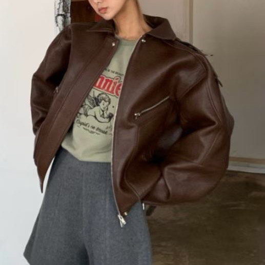 男友風寬鬆感翻領PU皮革外套皮衣 / 2色