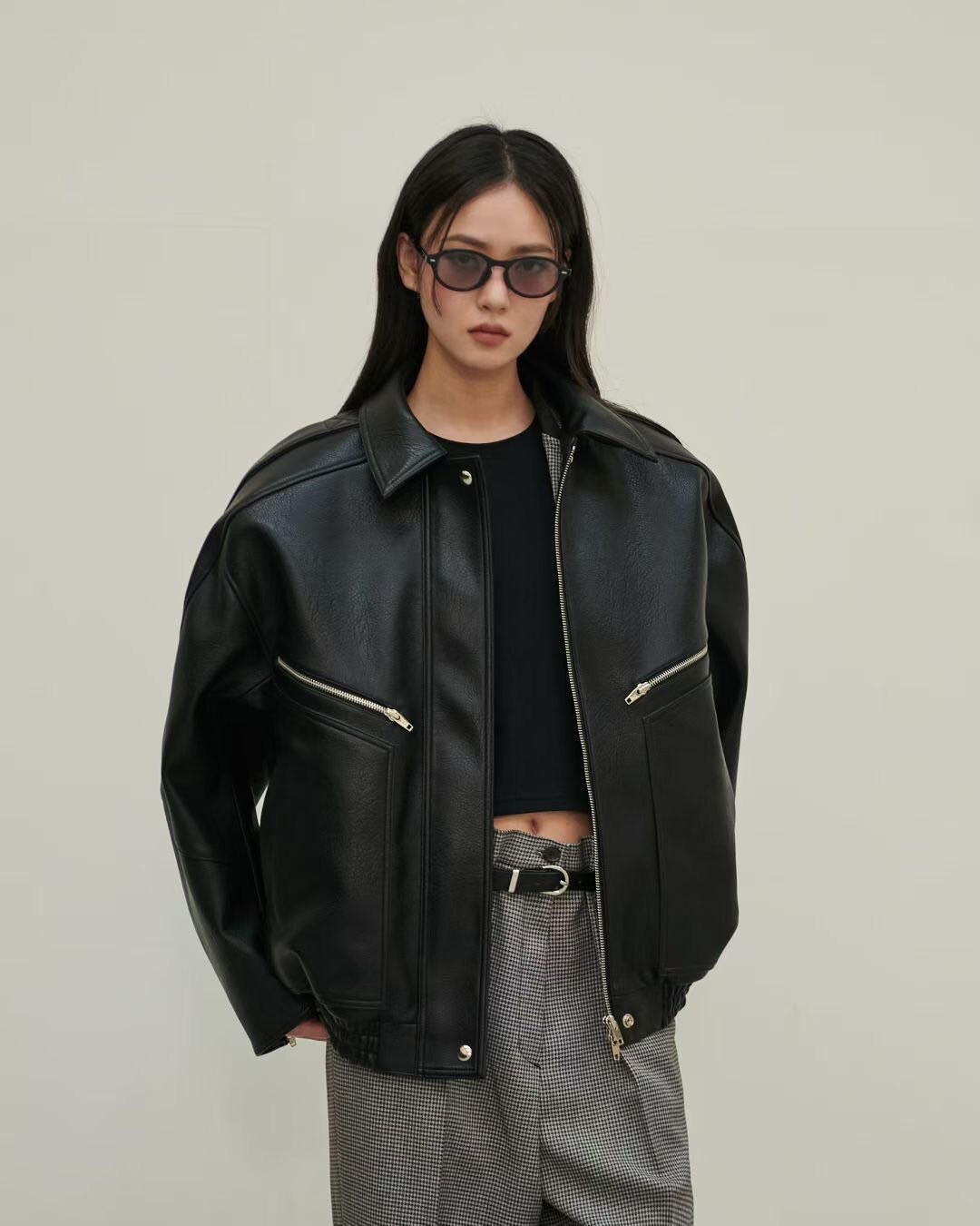 男友風寬鬆感翻領PU皮革外套皮衣 / 2色