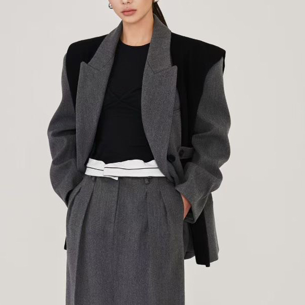 黑色披肩領巾造型毛呢西裝外套 / 2色