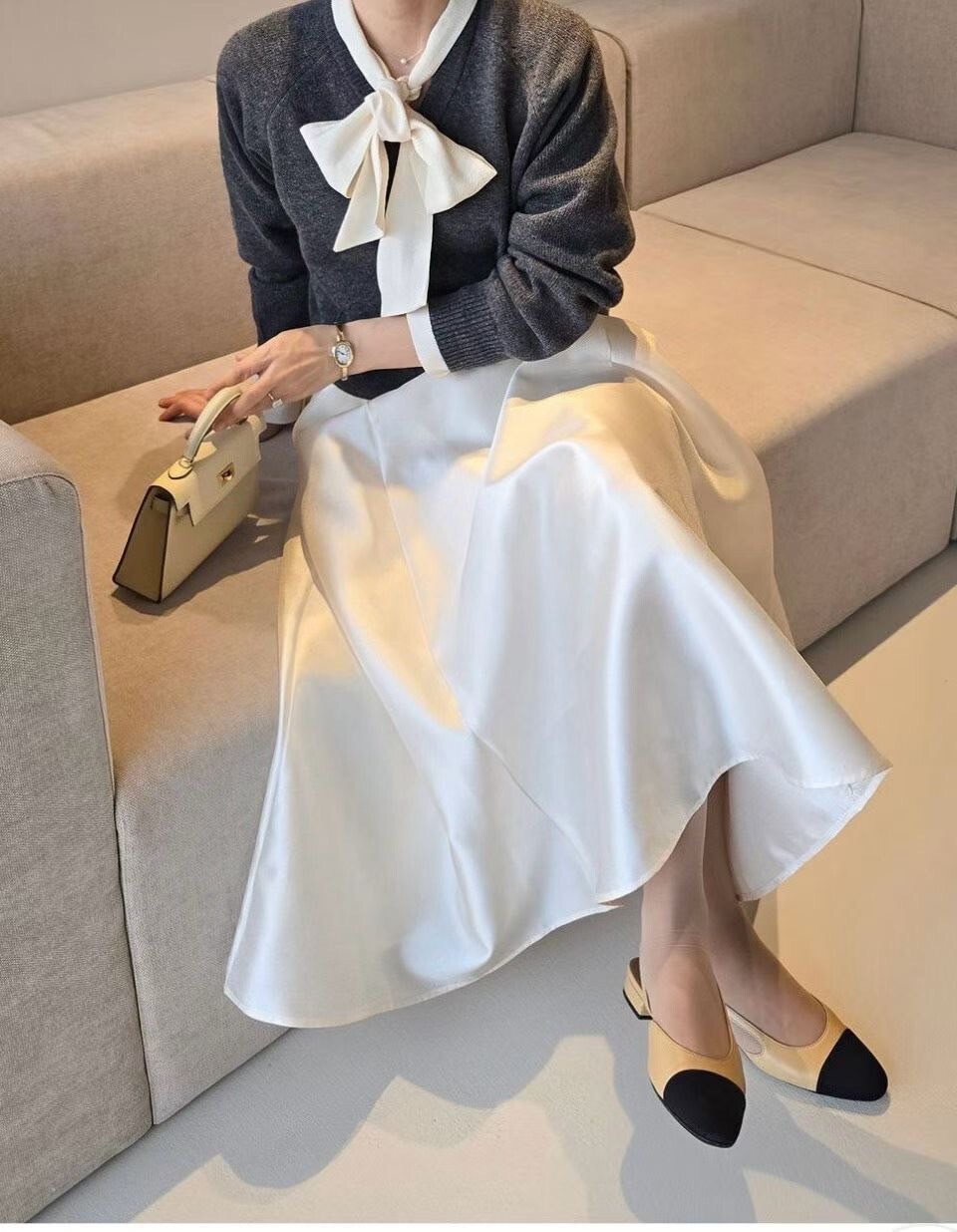 仙女氣息緞光感挺版A字傘擺長裙-S-Ｍ / 3色