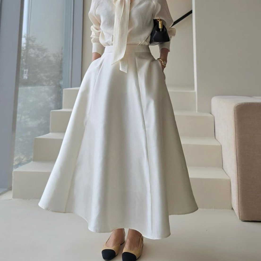 仙女氣息緞光感挺版A字傘擺長裙-S-Ｍ / 3色