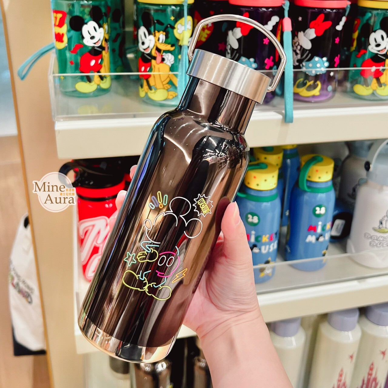 米奇 Mickey 霓虹全身圖案 黑色底 手把設計 水杯 -香港迪士尼樂園