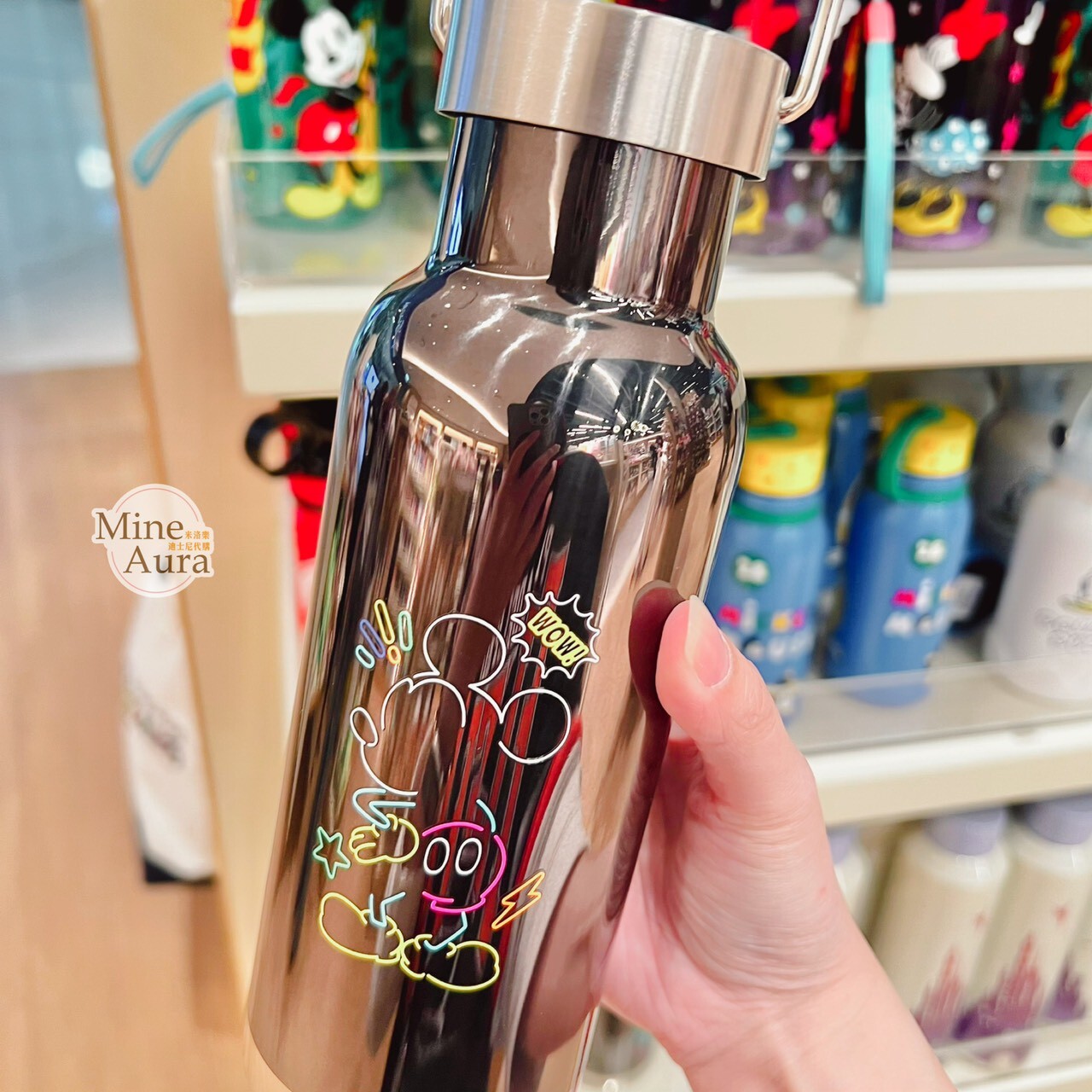 米奇 Mickey 霓虹全身圖案 黑色底 手把設計 水杯 -香港迪士尼樂園