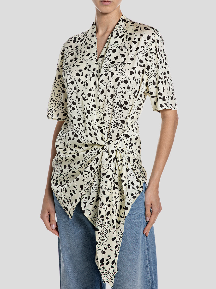 五分袖褶皺設計印花襯衫