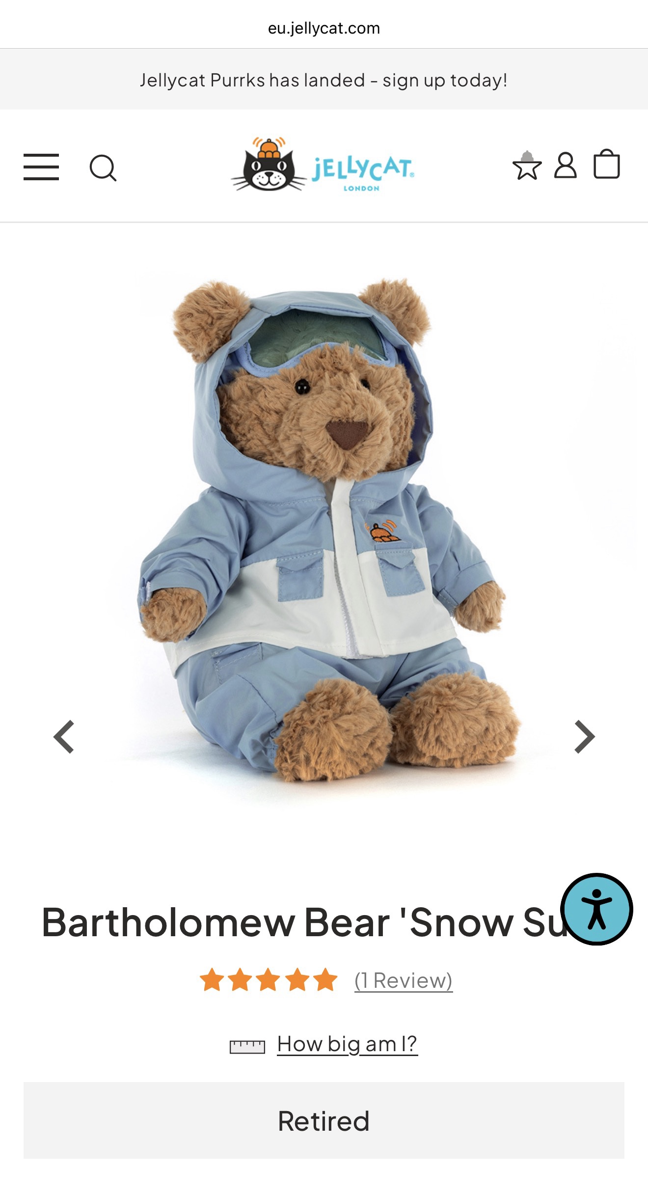 Jellycat Bartholomew Bear 'Snow Suit'
