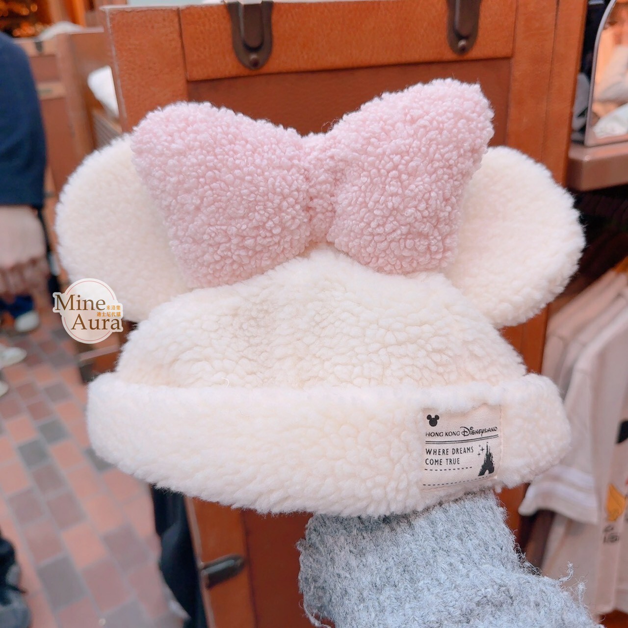 米妮 Minnie 立體耳朵 粉色蝴蝶結 造型 QQ毛 羊羔毛 保暖 帽子 -香港迪士尼樂園