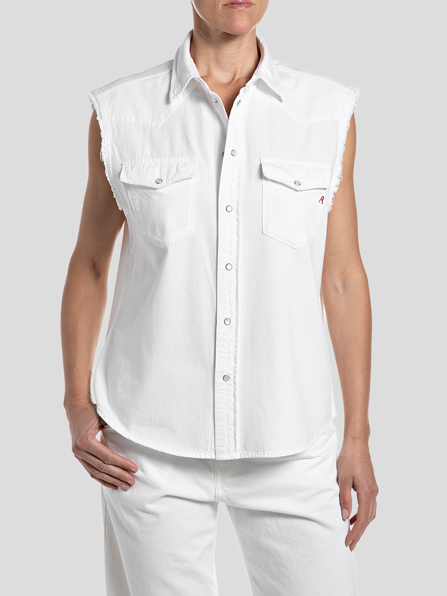 白色無袖丹寧牛仔襯衫