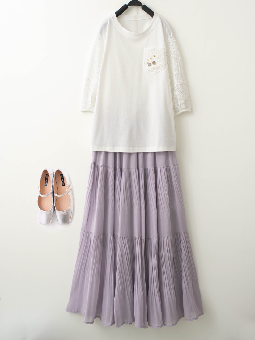 貝殼口袋蕾絲花苞袖上衣雪紡蛋糕長裙組合