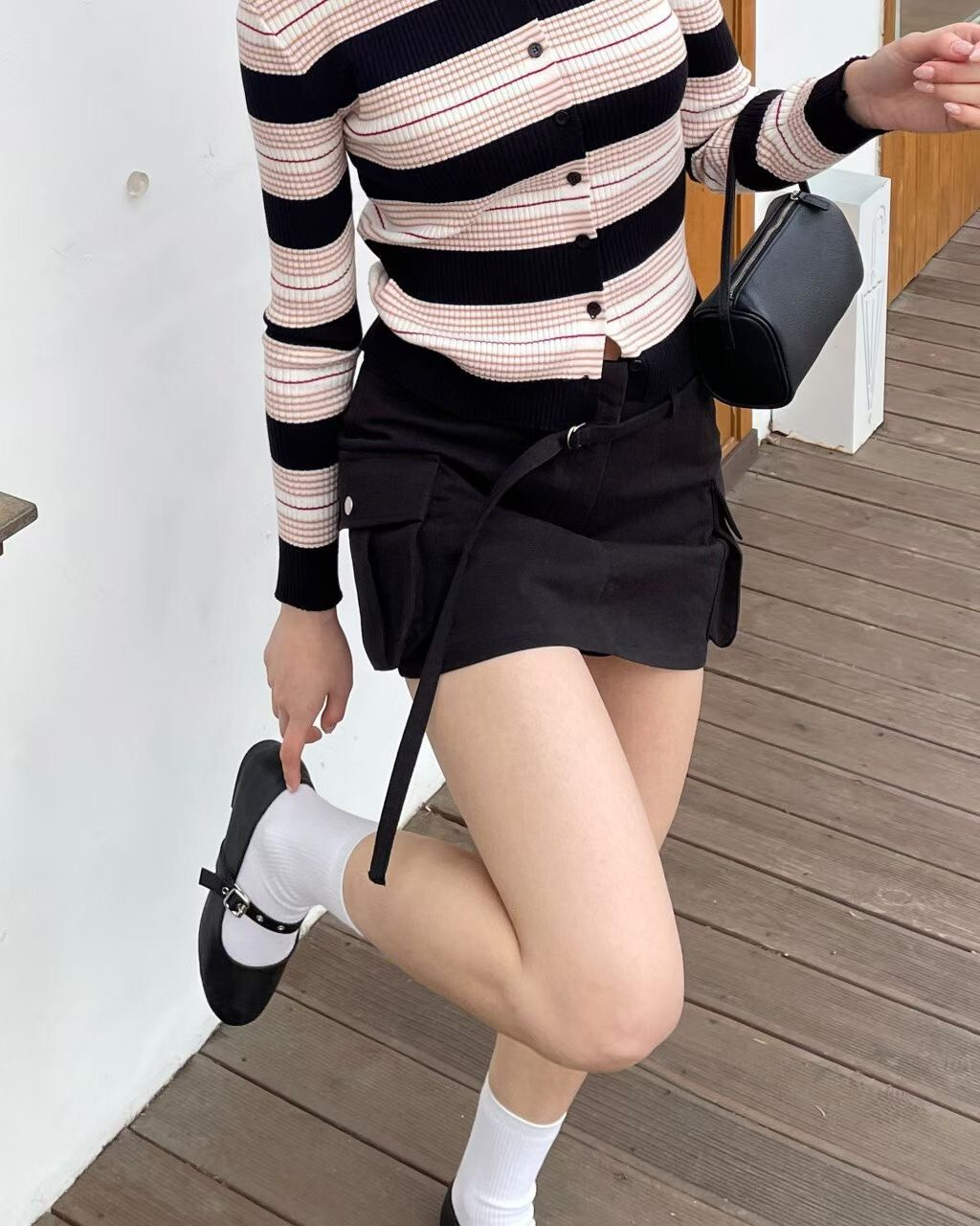 細腰帶雙側口袋短褲裙