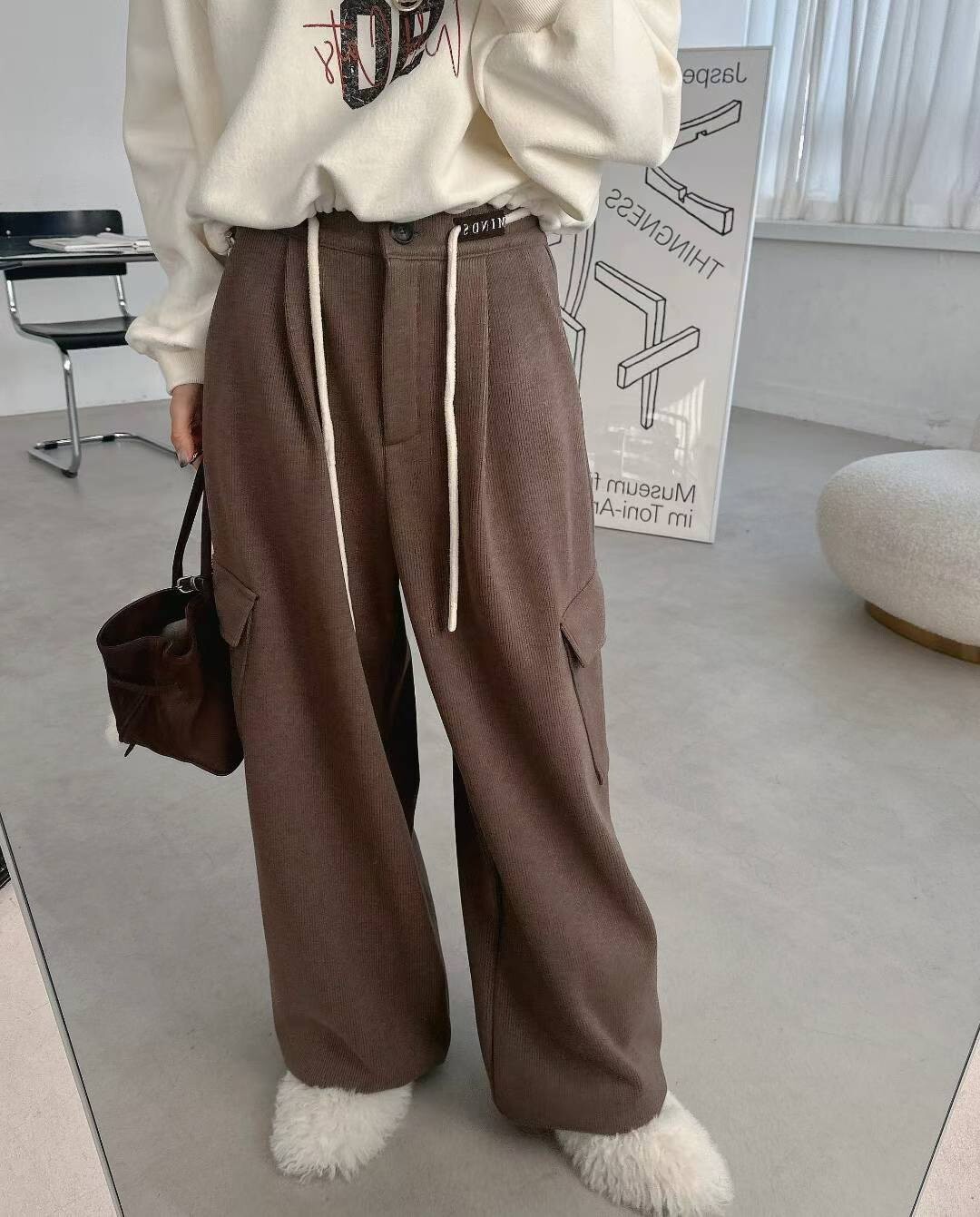 腰造型工裝口袋棉毛褲