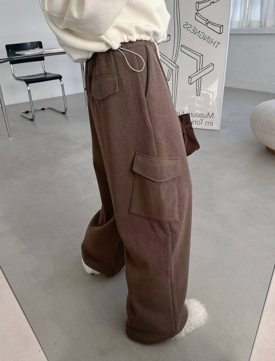 腰造型工裝口袋棉毛褲