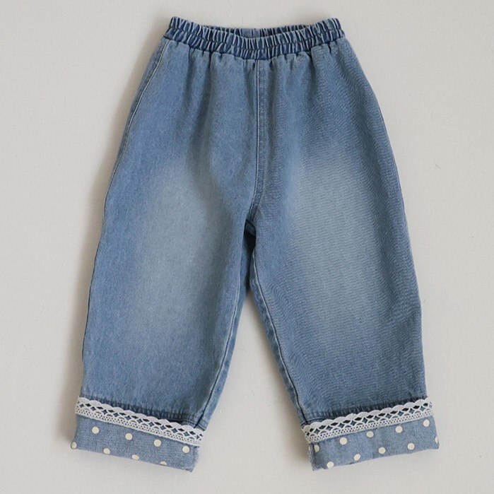 90-140 圓點蕾絲反摺牛仔褲