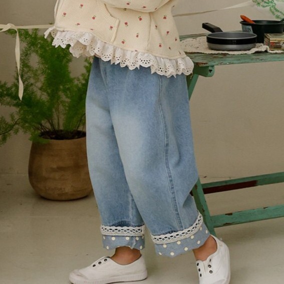 90-140 圓點蕾絲反摺牛仔褲