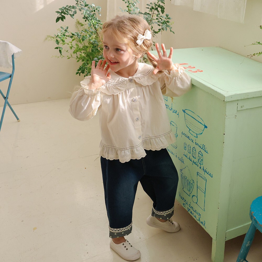 90-140 圓點蕾絲反摺牛仔褲