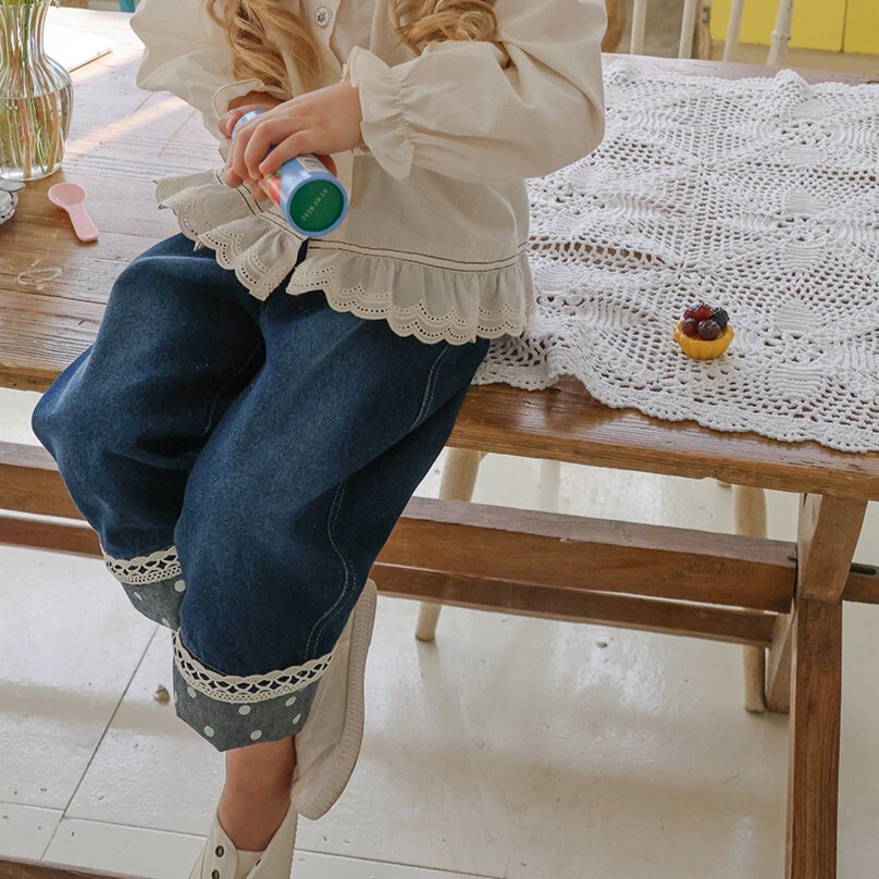 90-140 圓點蕾絲反摺牛仔褲