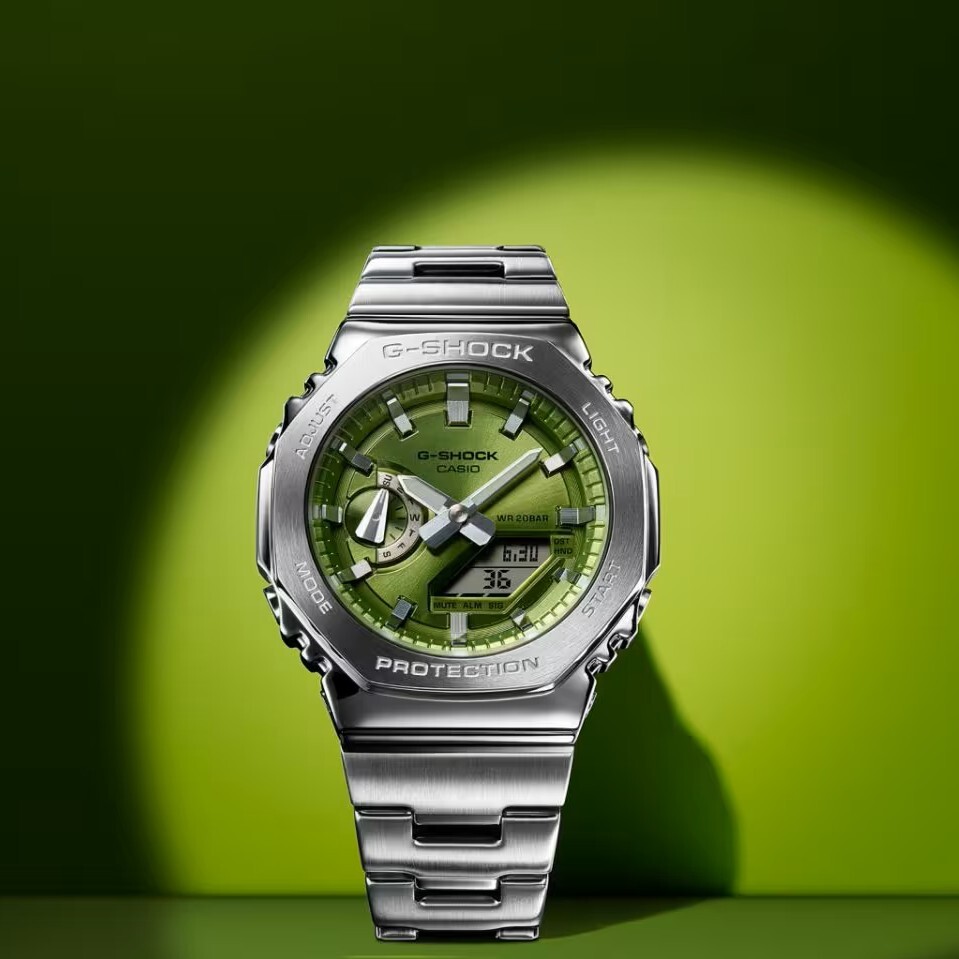 預購款【CASIO 卡西歐】 G-SHOCK 不鏽鋼八角設計 農家橡樹 時尚的金屬錶圈和錶帶質感更升級 雙顯手錶 GM-2110D-3A