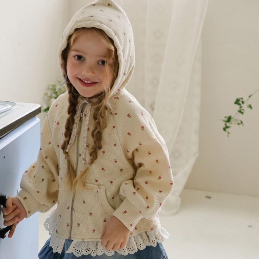 90-140 華夫格碎花蕾絲拉鍊外套 2色