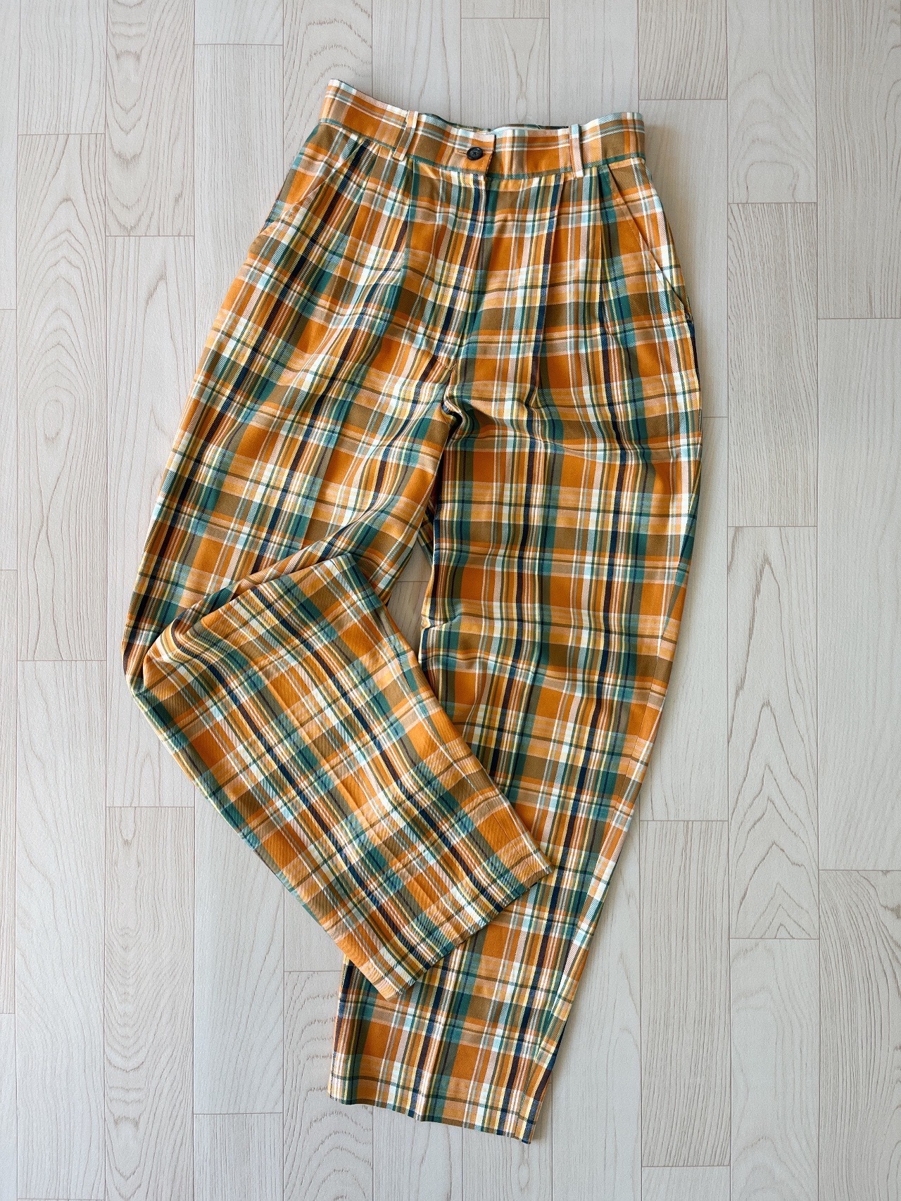 亮眼橙色拼湖水綠色綿質格紋長褲