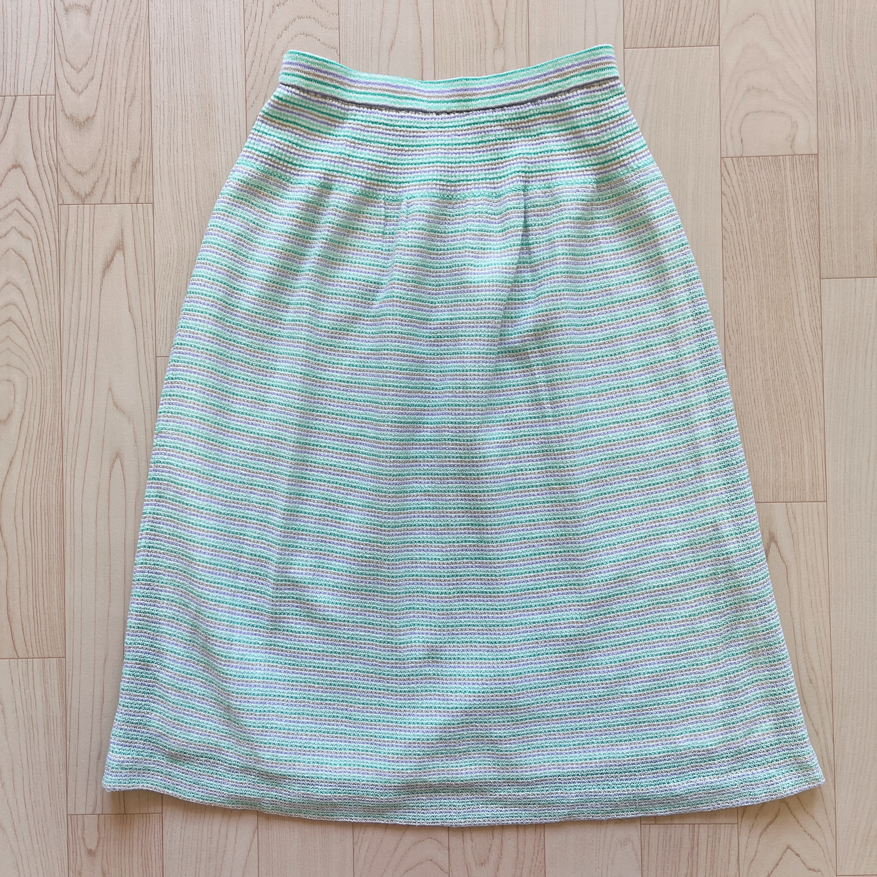 粉綠色拼紫色條紋針織半裙