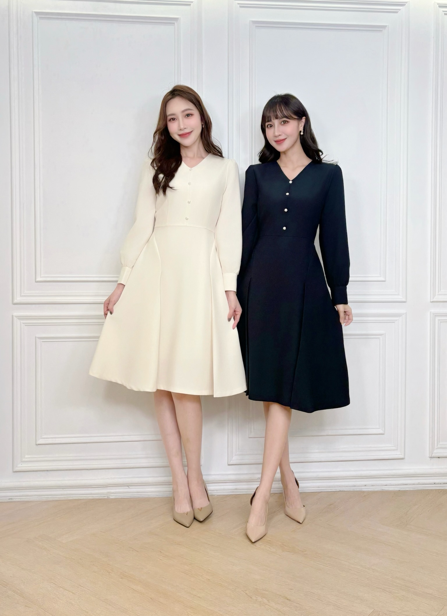 細節美人!小珍珠V領傘洋