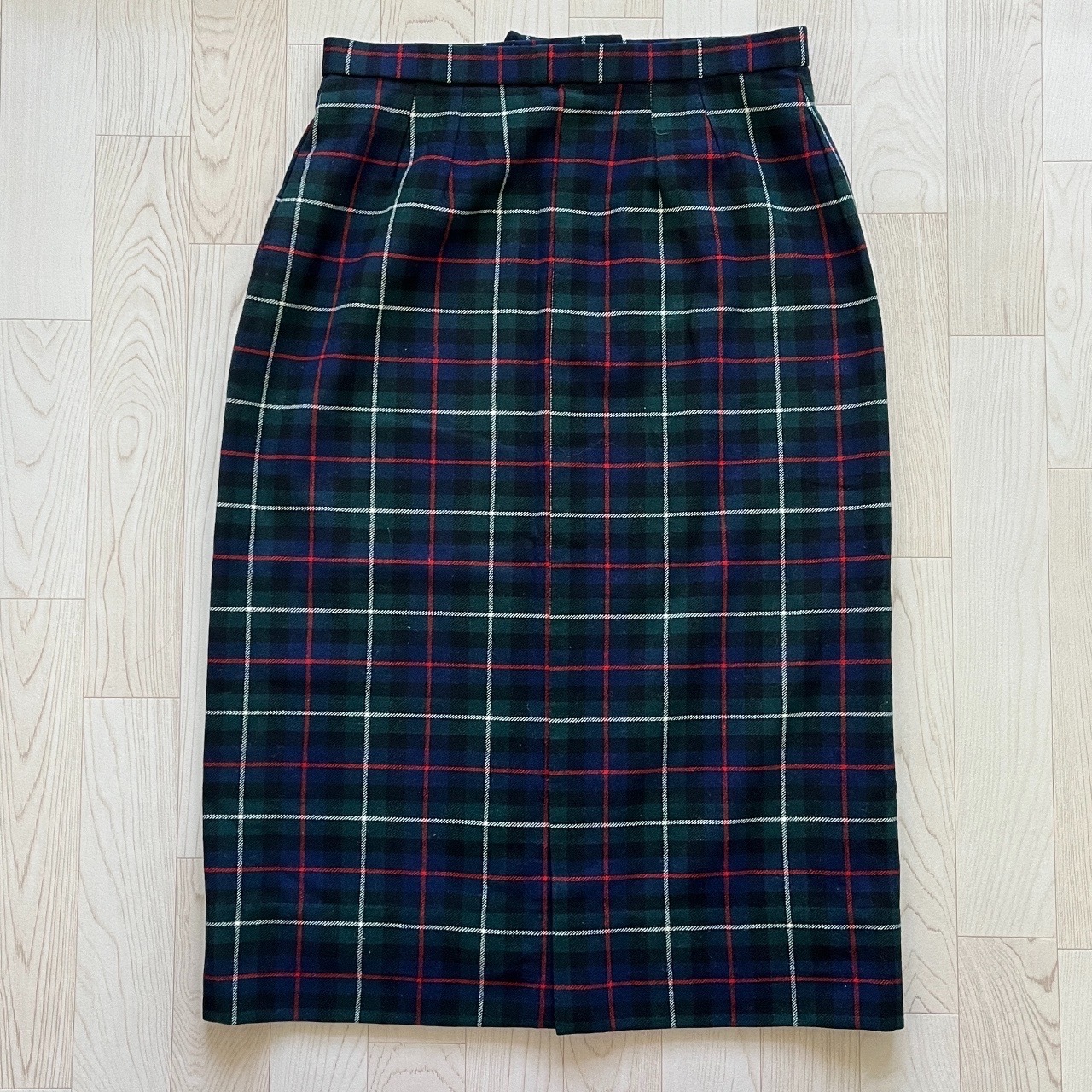 墨綠色拼藍色格紋羊毛半裙