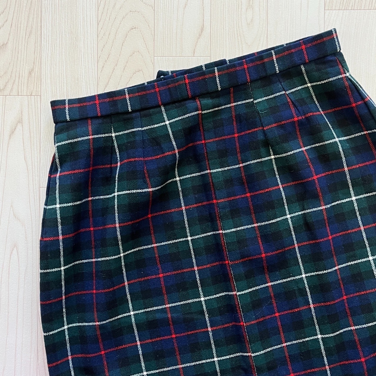 墨綠色拼藍色格紋羊毛半裙