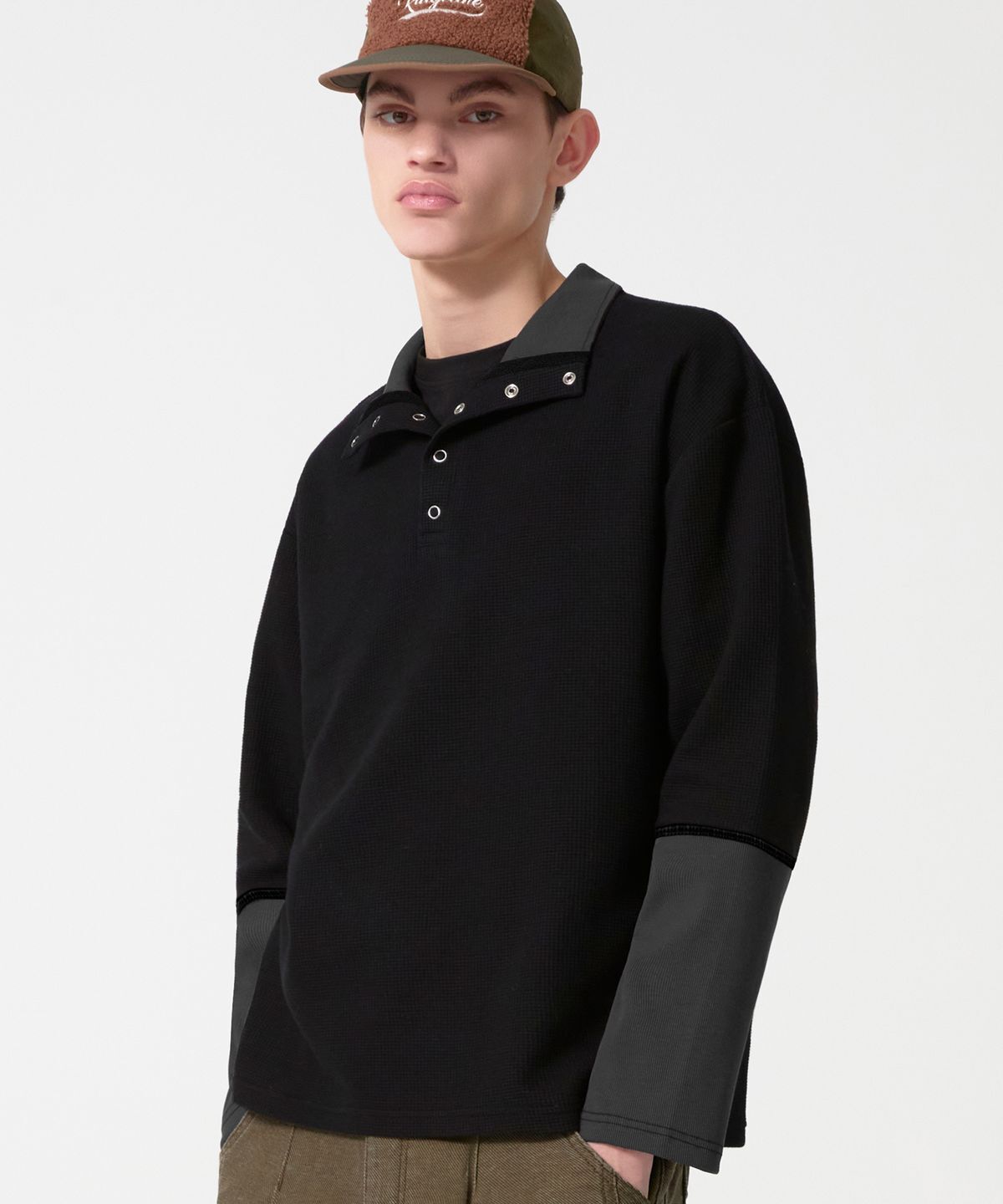 TRILLION Waffle Ring Snap Stand Collar Long Sleeve