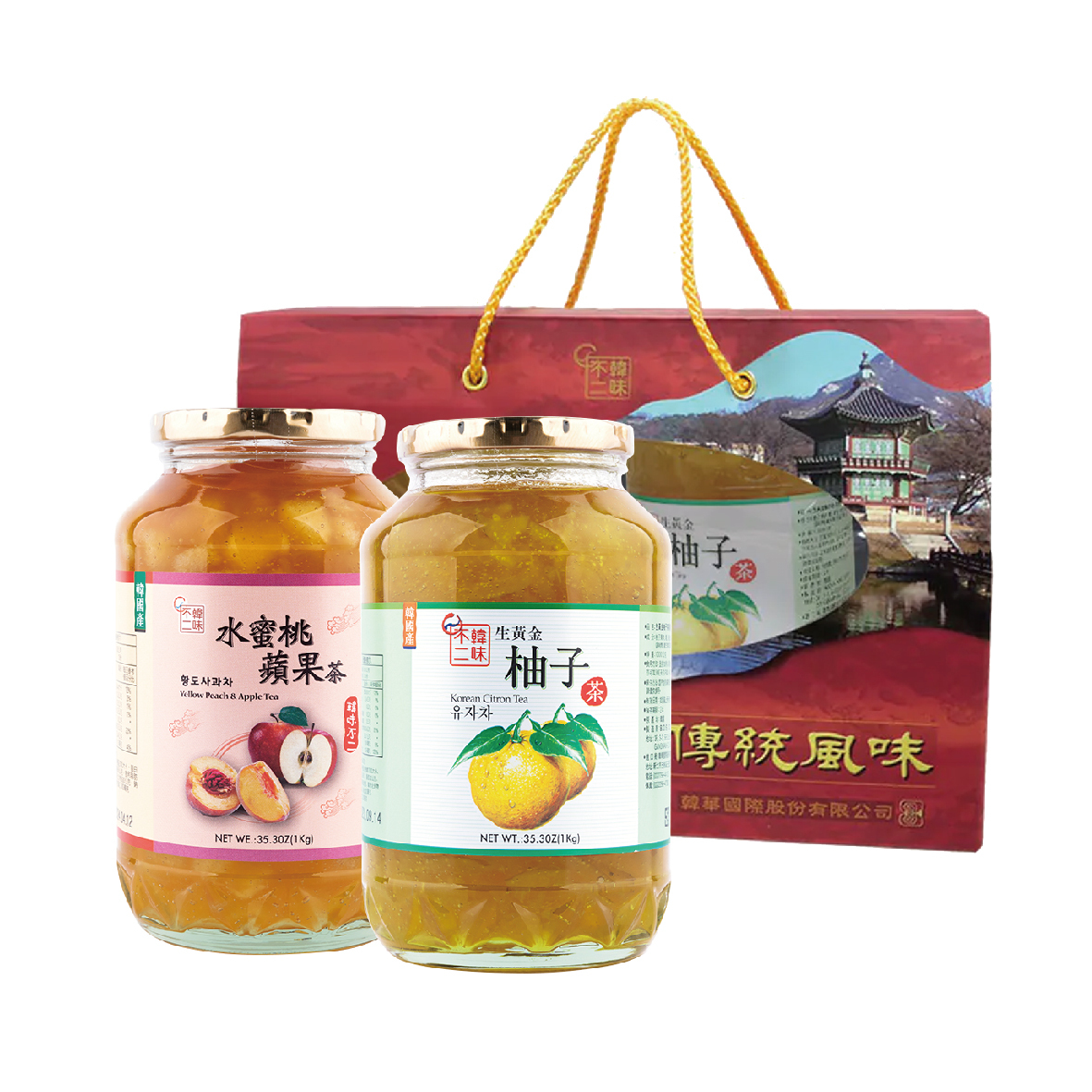 【BK SHOP】韓味不二-生黃金柚子茶&水蜜桃蘋果茶禮盒組(2入)
