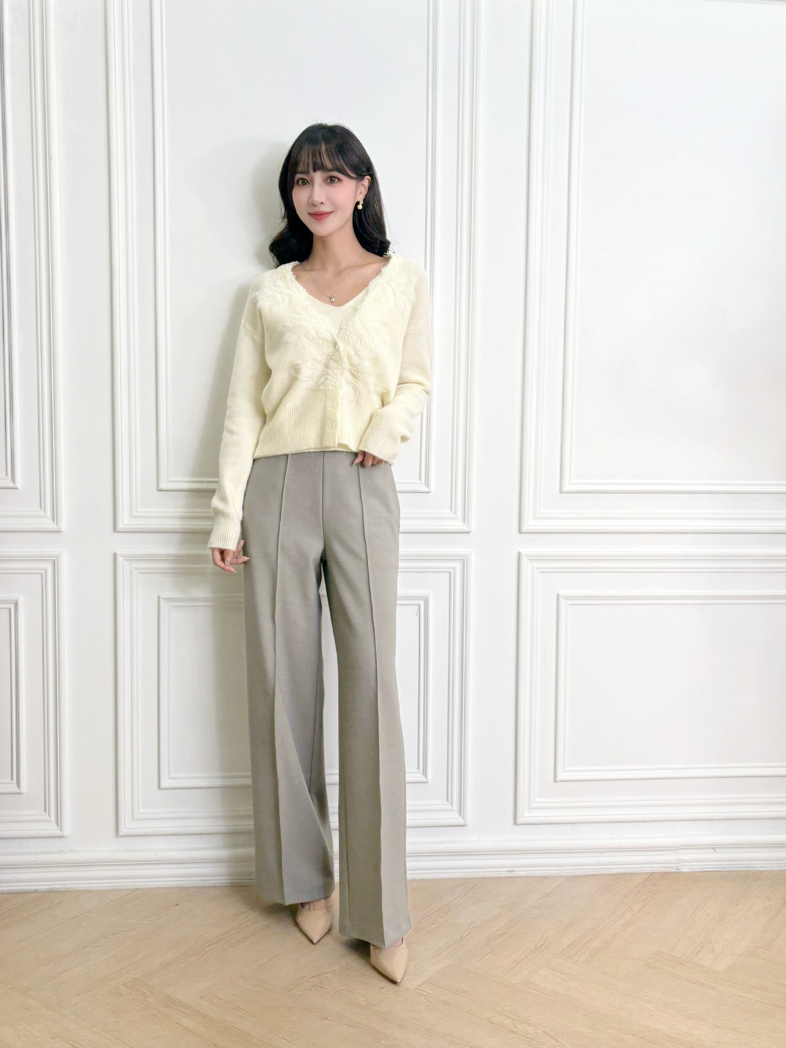 金屬編織圓環寬腰帶直筒褲