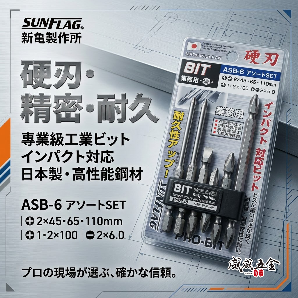 日本製 SUNFLAG 新龜｜NO.ASB-6｜起子頭 十字頭 一字起子頭 6.35mm電動起子頭 6支組 硬刃批頭套裝