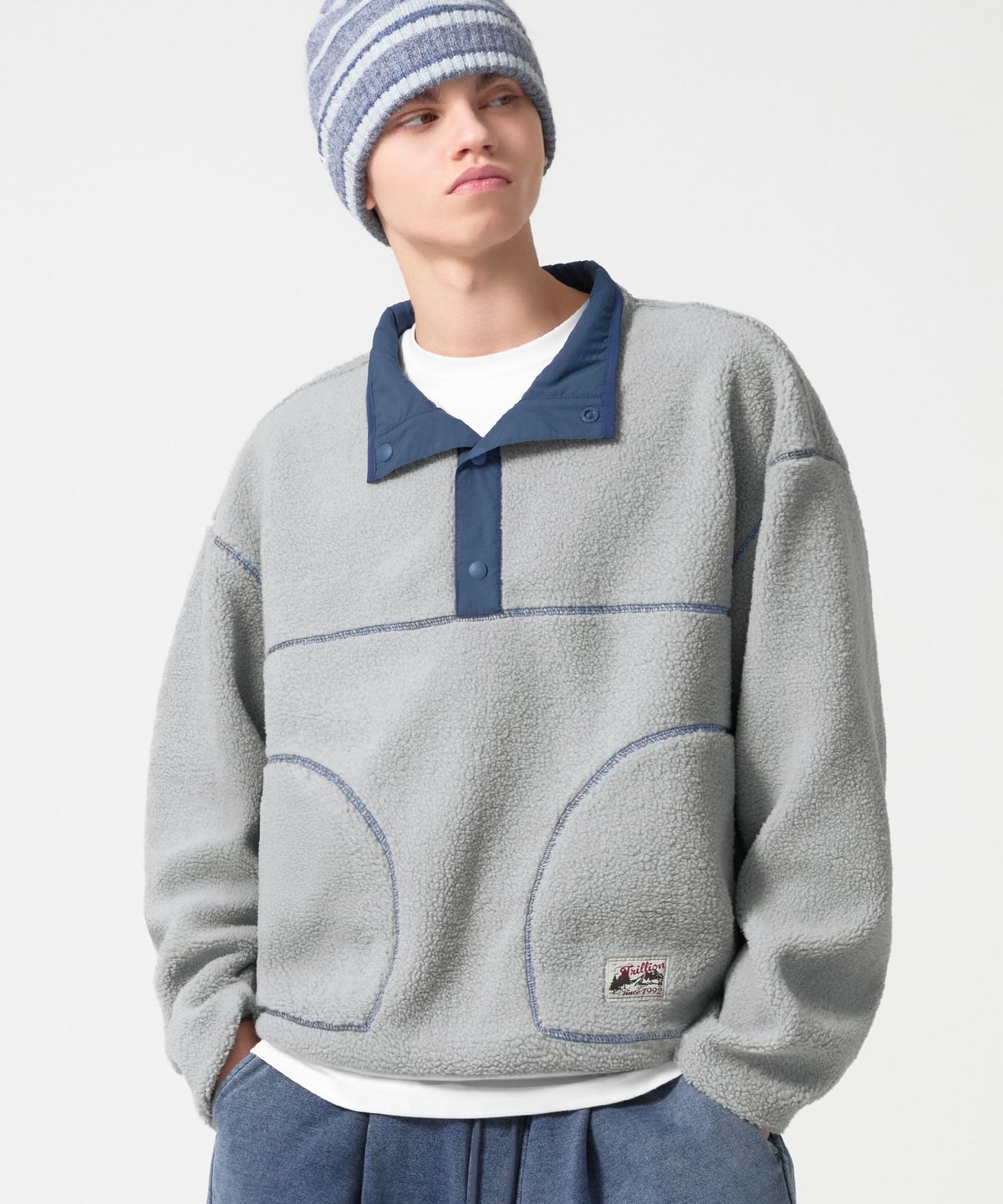 TRILLION Color Block Half Neck Fleece Pullover