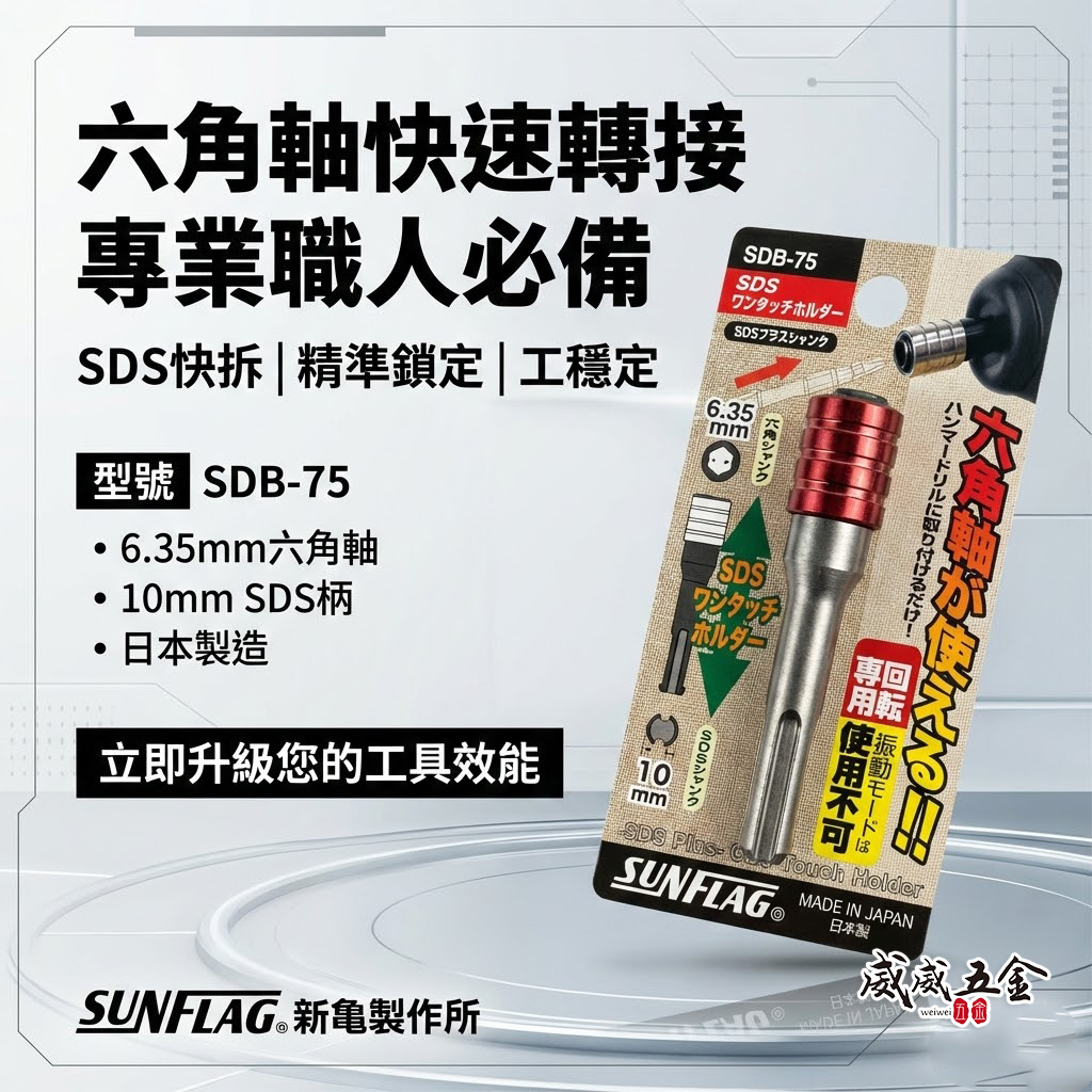 日本製 SUNFLAG 新龜｜SDB-75｜四溝SDS轉六角快脫6.35mm｜長75mm｜四溝柄轉六角柄快拆接頭1/4"