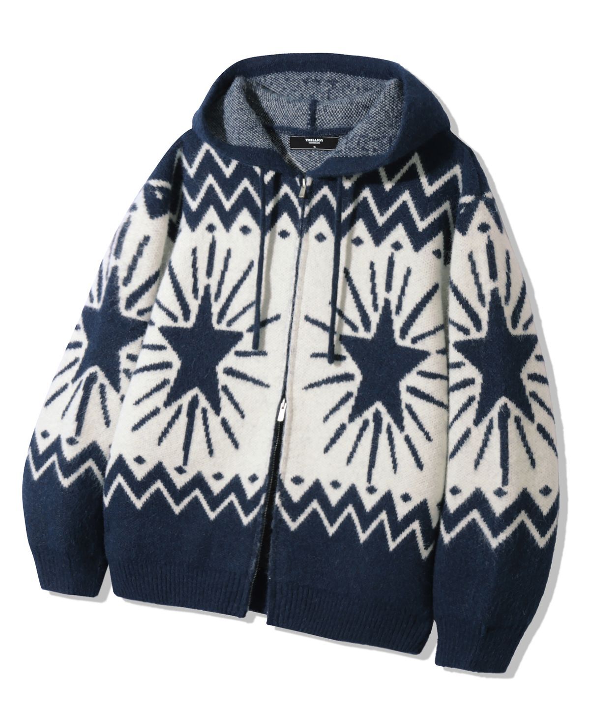 TRILLION Washable Wool Star Nordic Hood Zip-Up Knit