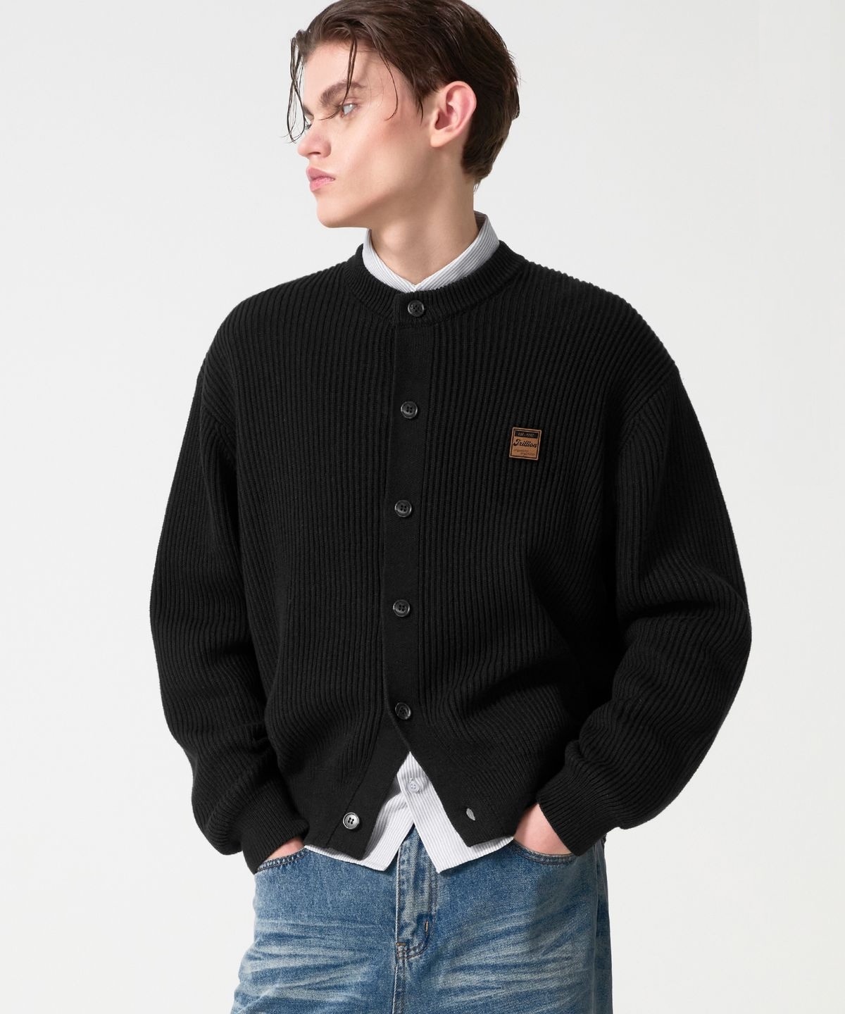 TRILLION Washable Suede Patch Crop Cardigan Knit