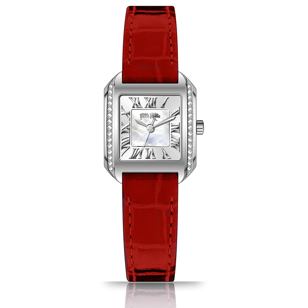 【Folli Follie 芙麗芙麗】WF22B020  晶鑽 珍珠母貝 復古時尚 羅馬字盤 皮革 紅色 女錶 手錶