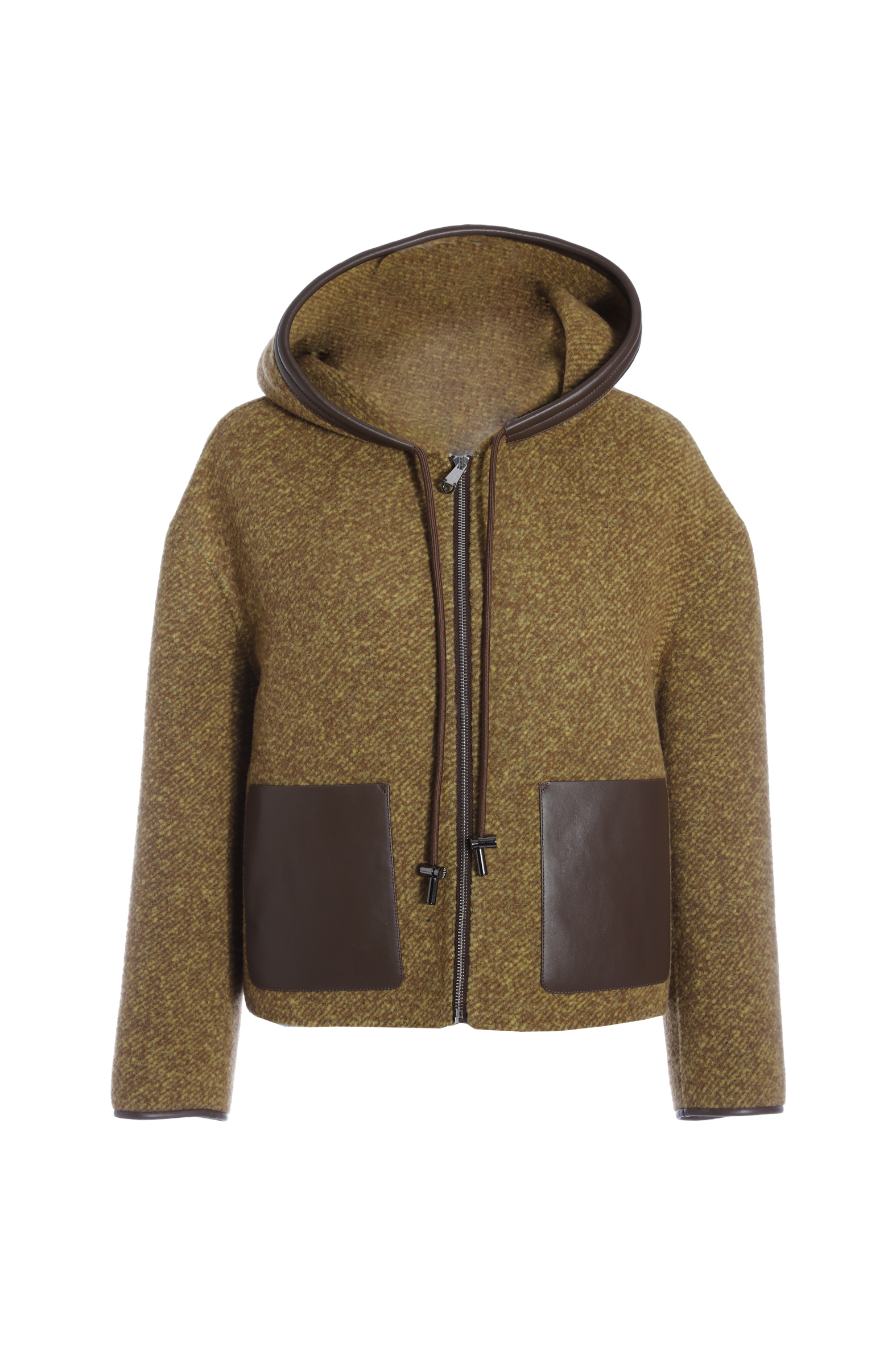 BE15333D1 大地庇護粗花呢拼皮連帽外套 (綿羊毛/羊皮革)*