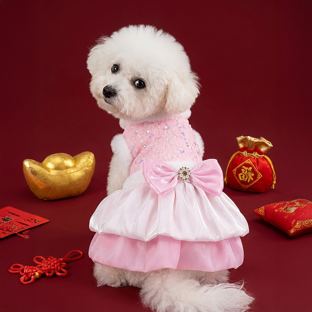 Pink Floral Lace Faux Fur Dress