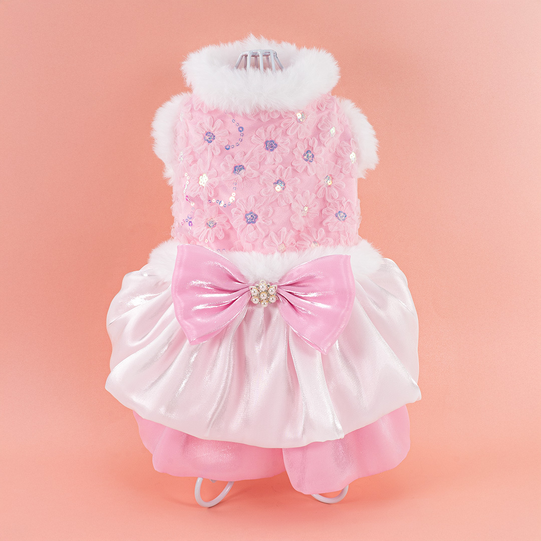 Pink Floral Lace Faux Fur Dress