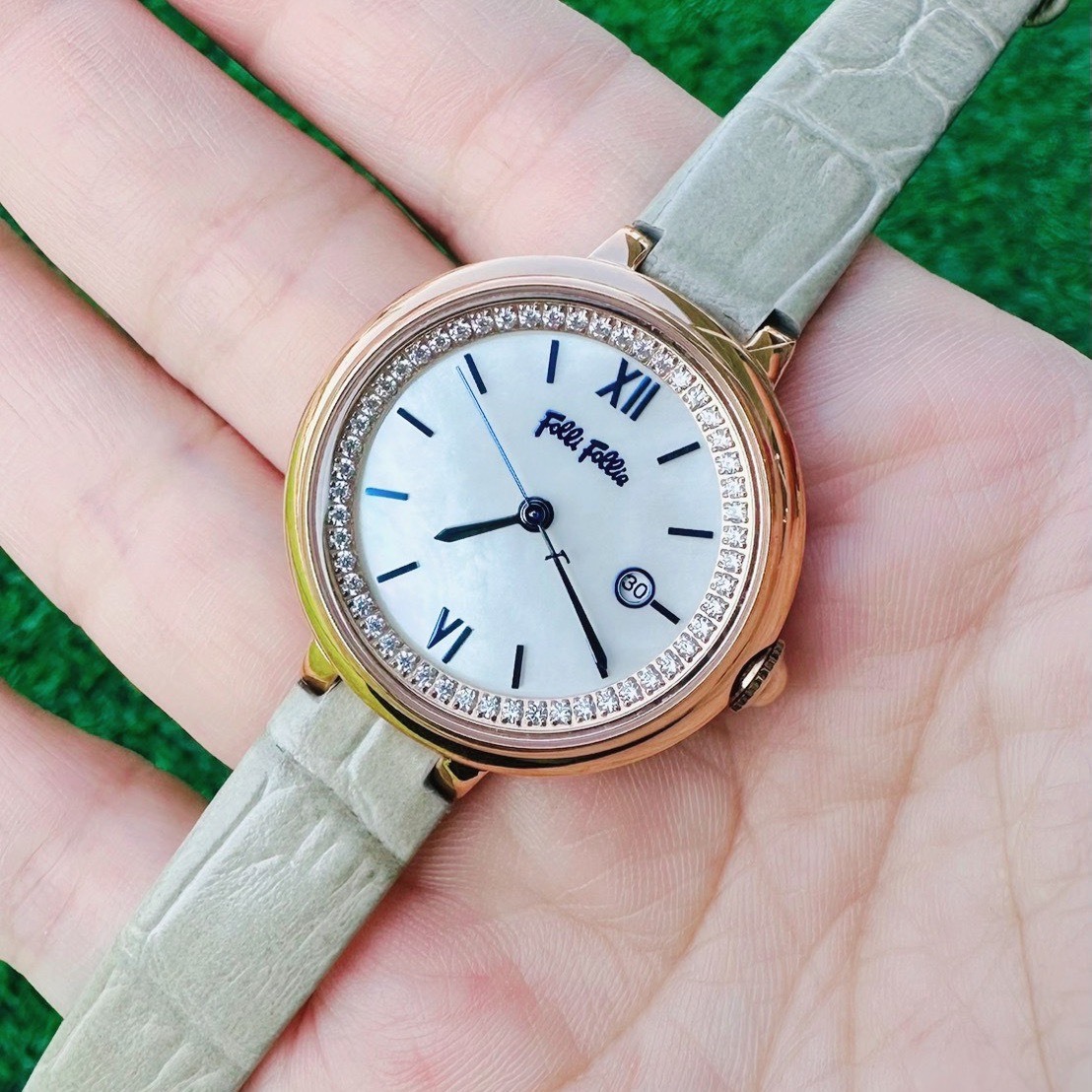【Folli Follie 芙麗芙麗】WF22A013 淑女 雅致 時尚穿搭 優雅 輕奢 日期 珍珠母貝 鑽圈 牛皮 女錶 手錶